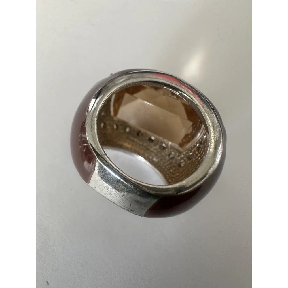 Brown Resin Dome Cocktail Ring Sz 7 Topaz Rhinestone Silver Tone Statement Rare
